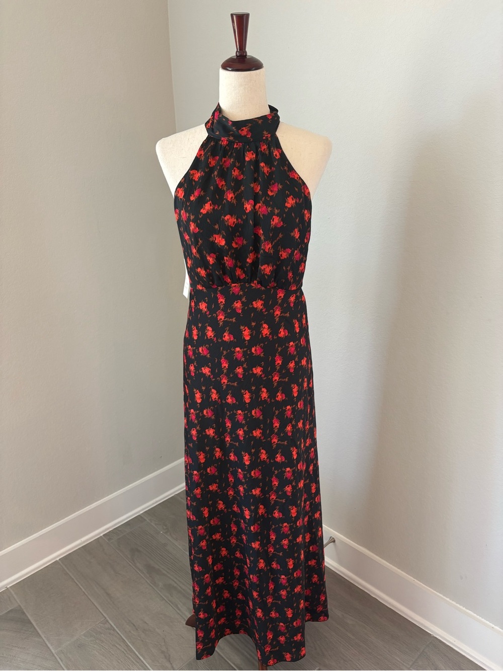 A New Day Halter Neck Black Maxi Dress with Red Floral Print Medium Event
